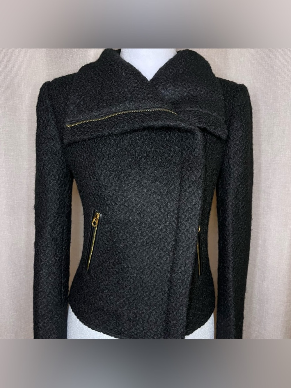 Vintage Y2K Juicy Couture Biker Moto Wool Jacket Coat Black Wool Tweed Women’s S - Picture 4 of 15